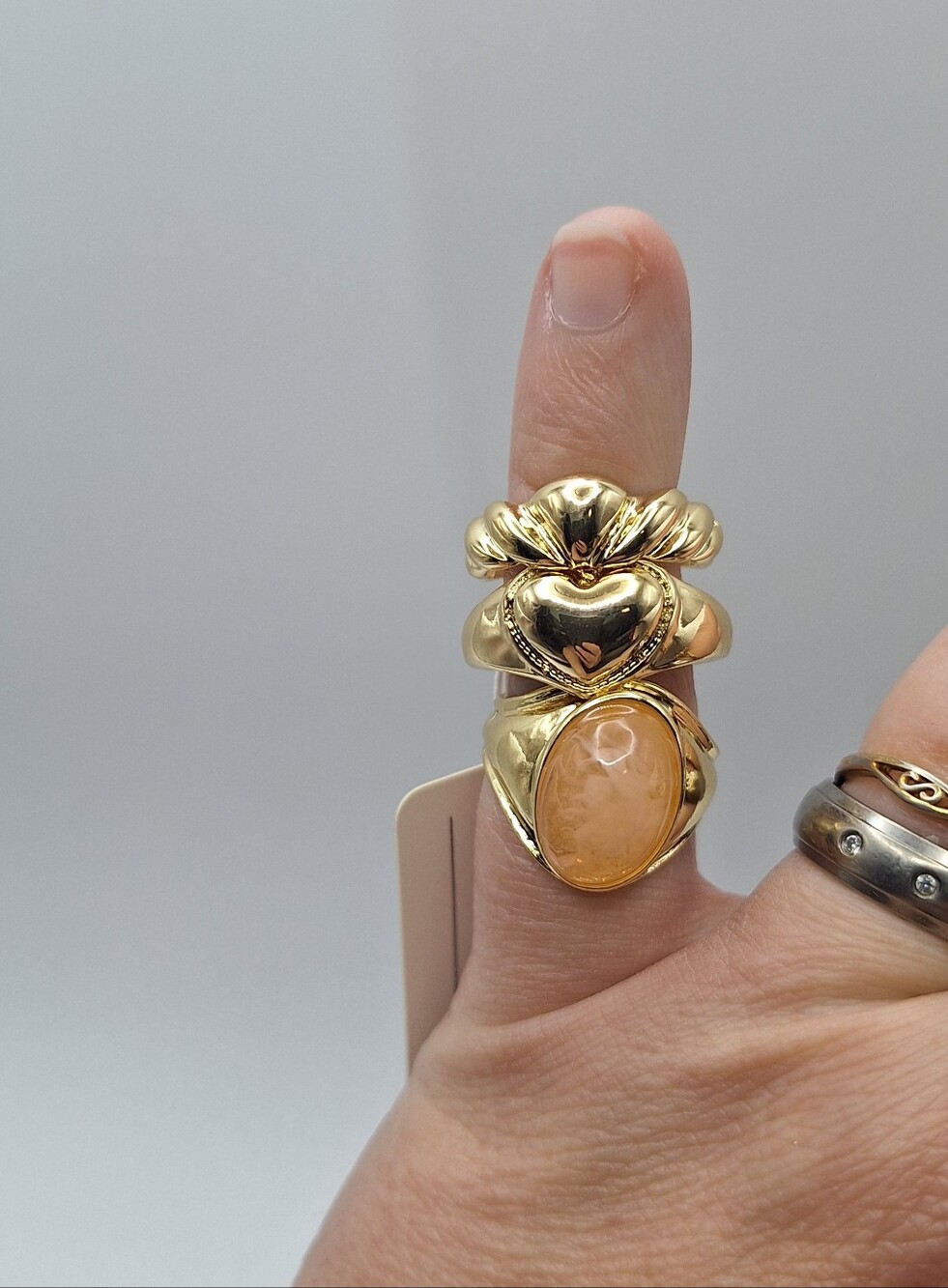 Vendor Sample Ring Set Size 6.5 Gold Heart Peach Cabochon Statement Y2K